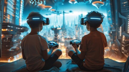 Children Wearing VR Headsets in a Futuristic City