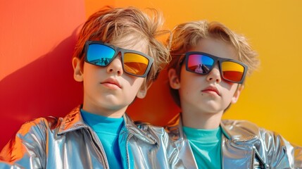 Trendy Young Boys in Metallic Coats and Sunglasses