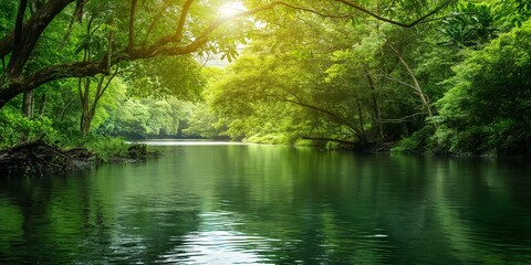 Majestic green trees form a canopy over a tranquil river, embodying peace and natural beauty
