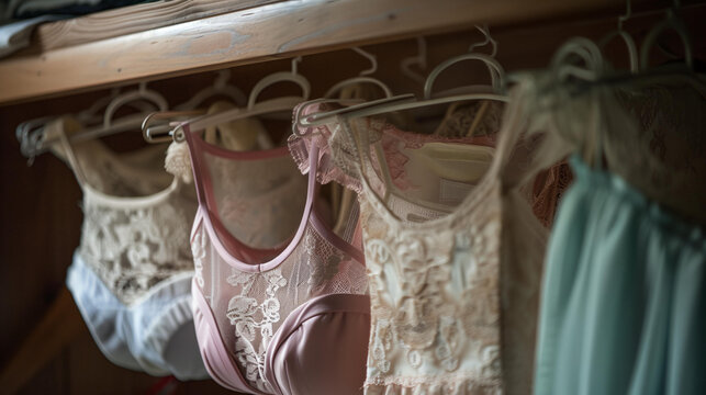a row of bras hanging on a rack in a closet