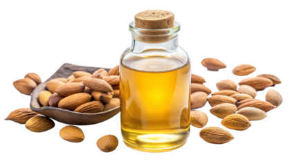 A glass bottle filled with almond oil surrounded by scattered whole almonds and a small wooden dish