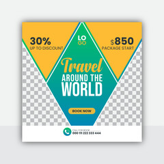 Travel social media post design or square flyer design template