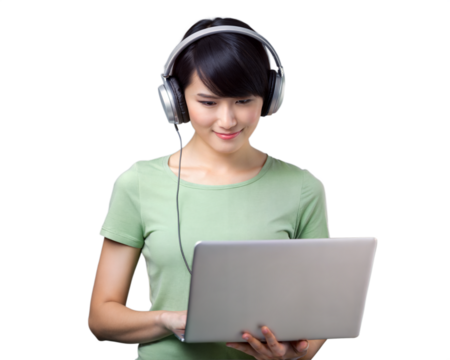 Young woman in green shirt focuses while wearing headphones and working on a laptop against a white background
