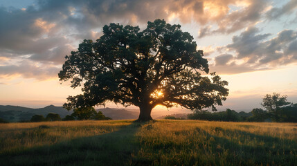 Obraz premium Lone Old Oak Tree Standing in Field 