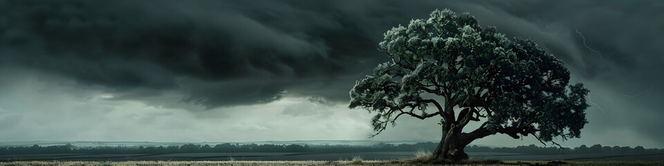 Lone Old Oak Tree Standing in Field 