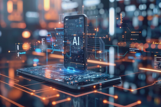 Mockup of mobile technology with text "AI" on screen, abstract background technology.