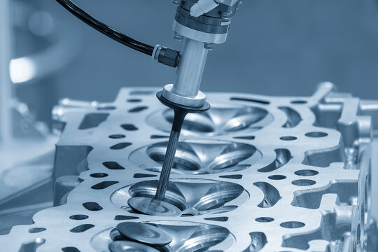 The intake and exhaust vale assembly process by robotic system in the light blue scene.