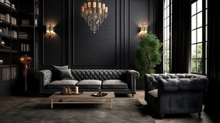 Dark living room interior with luxury gray sofa