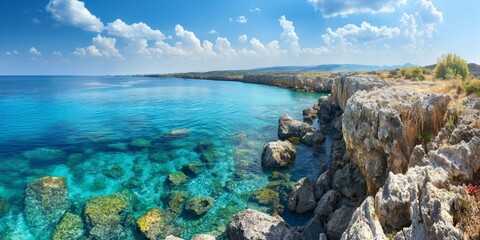This impressive panoramic image captures the clear turquoise waters along a rocky coastline under a...