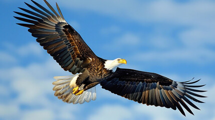 Obraz premium A large bald eagle soaring high in a blue sky