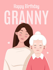 Happy birthday granny greeting card. A grandmother with her granddaughter. Flat characters on pink background. Vector illustration