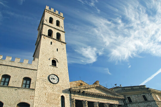 Torre del Poppolo and Temple of Minerva in Square Piazza del Comune in Assisi, Umbria, Italy