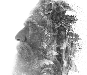 A profile of an old man blending into a graphical floral art in a paintography