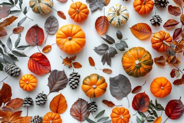 flat lay arrangement with dry leaves and golden pumpkin on whiteboard for autumn and thanksgiving celebration top view, fall decor