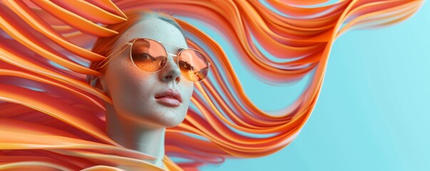 Artistic portrait of a woman with orange hair and sunglasses, featuring vibrant colors and dynamic flowing hair. triadic color scheme