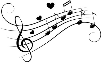 Musical theme. Decorative wave with treble clef and note. Musical note, small tattoo, print for clothing.