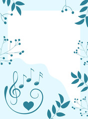 Musical decorative frame. Musical wave and leaves with berries on a blue background. Decorative colored frame with leaves and notes. Background for the certificate.