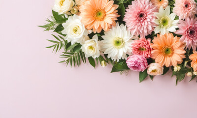 Bright mix of flowers in full bloom, top view on soft pink backdrop, vibrant colors, perfect for spring or summer themes, ideal for wedding or romantic content