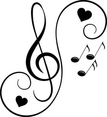 Musical theme. Decorative scroll with treble clef and note. Musical note, small tattoo, print for clothing.