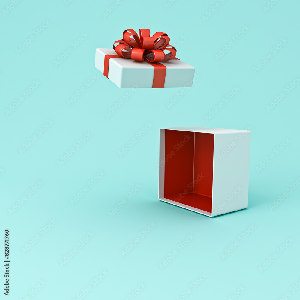Poster Open gift box or white present box with red ribbon and bow isolated on light green blue pastel color or cyan background with shadow and blank copy space minimal concepts 3D rendering