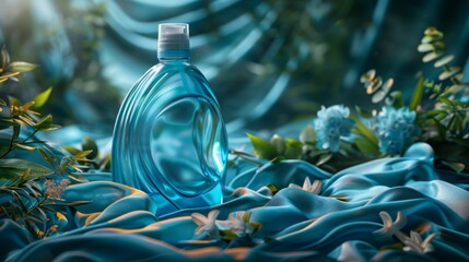 Luxury blue laundry detergent bottle nestled in a vibrant garden setting with silky fabric. Generative Ai

