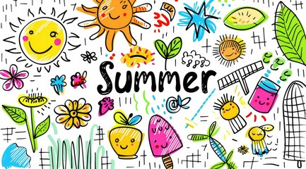 Fototapeta premium Colorful children's drawing of a smiling sun and children enjoying summer with the word summer