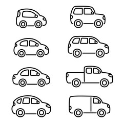 Car types cartoon doodle line icon set