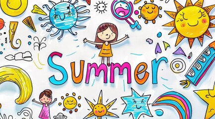Fototapeta premium Colorful children's drawing of a smiling sun and children enjoying summer with the word summer