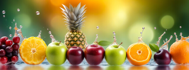 Fresh Fruits in Water Splash: Pineapple, oranges, apples, cherries, grapes in vibrant colors...