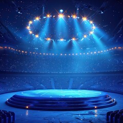 The round podium on the football field stands in front of the stadium with spotlights, shining from above, creating an atmosphere of passion and excitement for a sporting event or awards ceremony.
