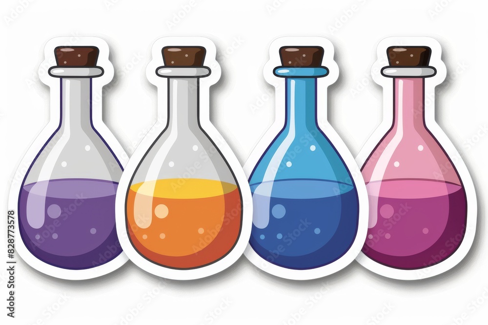 Sticker Set of colorful chemistry flasks in a minimalist vector illustration on a white background, emphasizing simplicity and clean design in scientific graphics