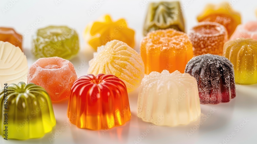 Poster Gelatin sweets against a white backdrop Sugar confectionery on a white surface