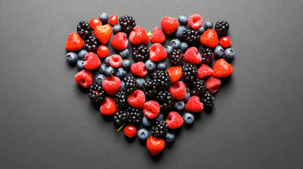 Heart shape filled with fresh berries, strawberries, blueberries, blackberries, raspberries on dark surface, symbol of love for healthy snacks, natural sweet treats, vibrant colors, elegant touch - Powered by Adobe