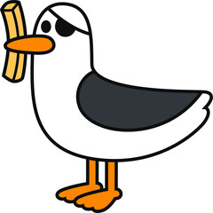 Funny cartoon seagull with french fry drawing. Sea gull with pirate eye patch stole potato chip. Doodle illustration.