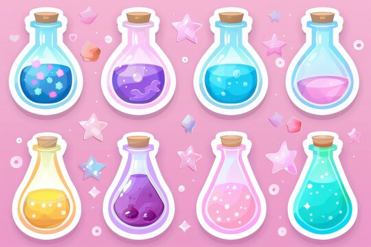 Cute pastel colored potion bottles in a whimsical vector illustration on a pink background, evoking fantasy and magical themes in a playful design