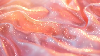 Fototapeta premium Sublime waves of pink and peach silk embellished with delicate sparkling droplets, capturing a dreamlike softness and glow. Generative Ai
