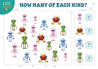 How many of each kind cartoon robot counting game for kids vector illustration
