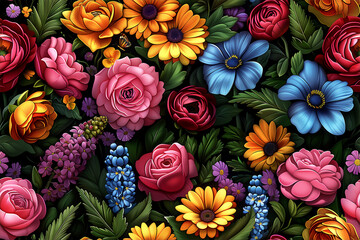 A colorful flower garden with a variety of flowers including roses, daisies