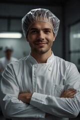 successful food factory man manager in sterile uniform with arms crossed smiling at the camera. hair net.