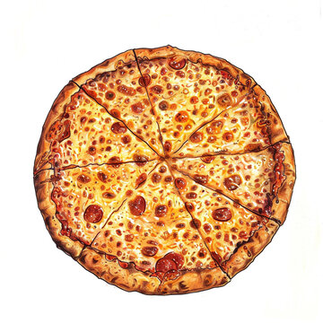 recommend clip art: Cartoon drawing of a cheese pizza, colored and outlined in black on a white background.