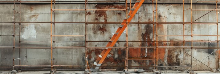 An extensive scaffold structure against a weathered concrete wall with visible rust stains and patches