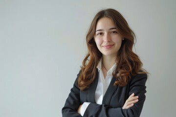 Obraz premium Happy young business woman with arms crossed against white