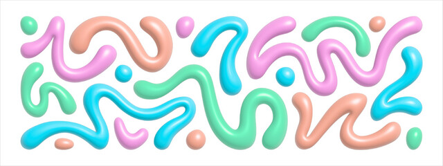 3d liquid, organic blobs, y2k style squiggles, groovy doodle wavy stripes inscribed in a rectangle long banner shape. Bold voluminous scribbles, lines. Graphic design element, text background, header.
