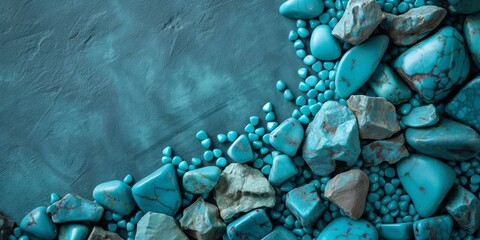 Artistic arrangement of various sizes of turquoise stones creating a vibrant contrast on a gray...