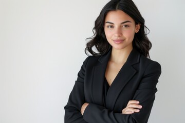 Fototapeta premium Confident Latin businesswoman in formal suit poses for camera.