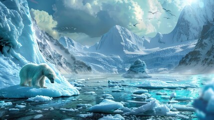 A lone polar bear stands at the edge of an icy landscape with snow-capped mountains and floating icebergs under a cloudy sky.