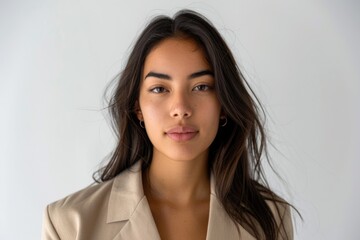 Fototapeta premium Young Latina woman with Asian eyes in beige blazer.