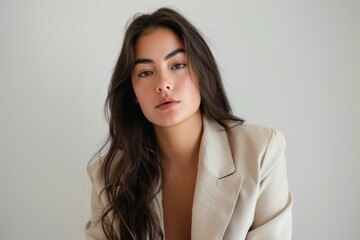 Naklejka premium Young Latina woman with Asian eyes in beige blazer.