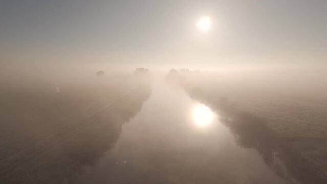 Morning Mist over Dokkumer Ee River, Friesland: Aerial View