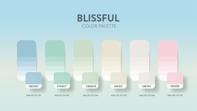 Color palette guide in Blissful colour theme collections. Color inspiration or chart with codes template. Color combination RGB. Colors swatches for graphic design, art, fashion or painting. Vector.